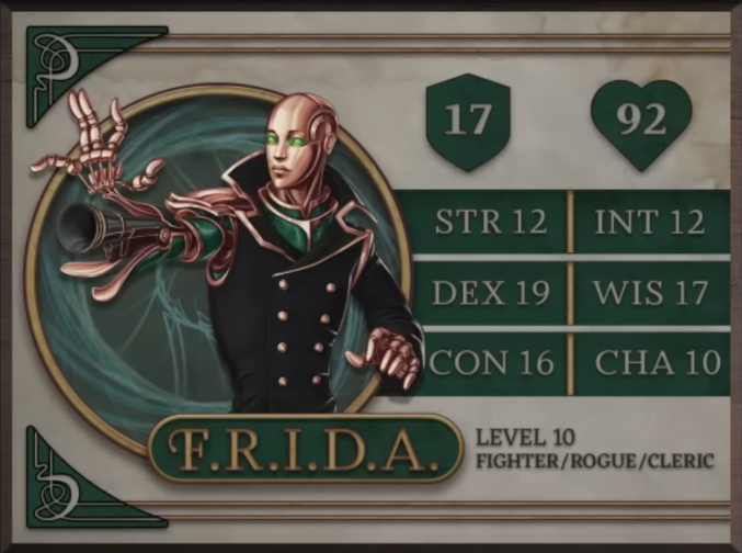 F.R.I.D.A., class Fighter/Rogue/Cleric level 10, with 17 AC, 92 HP, 12 strength, 19 dexterity, 16 constitution, 12 intelligence, 17 wisdom, and 10 charisma. A role-gold-colored humanoid robot with no hair, glowing green eyes, and dark green body accents. Wearing a green high-collared coat with two columns of rose-gold buttons. Their right hand is outstretched and their wrist and fingers bent back to reveal the barrel of a gun.
