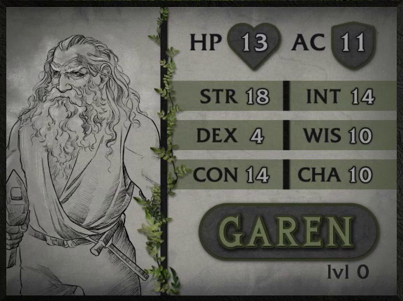 A parchment-style character card for Garen, level 0, with 13 HP, 11 AC, 18 strength, 4 dexterity, 14 constitution, 14 intelligence, 10 wisdom, and 10 charisma. A light-skinned dwarf man with a thick white beard and long wavy white hair, slightly balding on top. He wears a sleeveless tunic, open in the front revealing chest hair. At his belt hangs a thin hammer. He holds another larger hammer in his right hand.