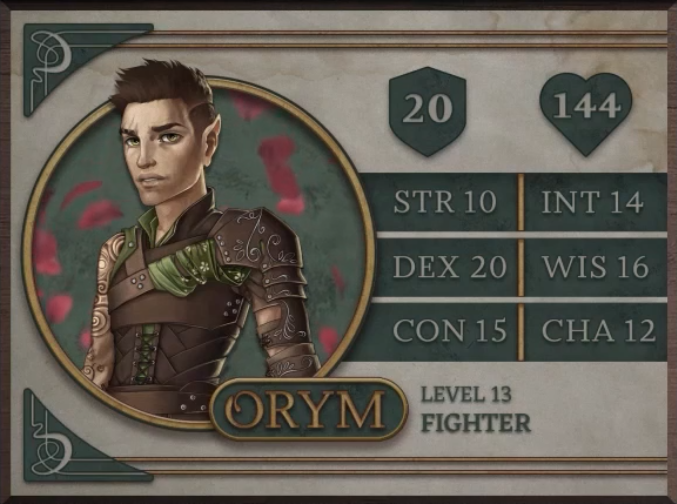Orym, class Fighter level 13, with 20 AC, 144 HP, 10 strength, 20 dexterity, 15 constitution, 14 intelligence, 16 wisdom, and 12 charisma. A halfling man with tan skin and brown hair cut close at the sides and spiking forward on top. Two scars are visible above his right eye as he looks to the side with a haunted expression. He is wearing brown leather armor with green fabric accents embroidered with white flowers. A few brown armored plates with swirling engraved designs cover his left shoulder. Laces over his stomach secure the corset-like piece of armor around his waist. His toned right arm is mostly bare, revealing a number of tattoos in swirling circular patterns.