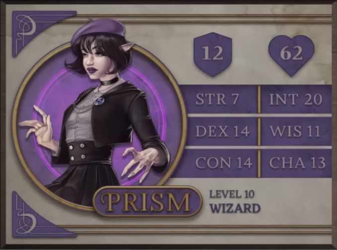 Prism, class Wizard level 10, with 12 AC, 62 HP, 7 strength, 14 dexterity, 14 constitution, 20 intelligence, 11 wisdom, and 13 charisma. A pale-skinned woman with pointy ears and chin-length black hair curling forward on either side. She wears a purple beret, black choker, black lipstick, light-gray blouse, short open black jacket clasped with two chains and a button, black studded belt, and black skirt. Her fingers are flexed and tensed.