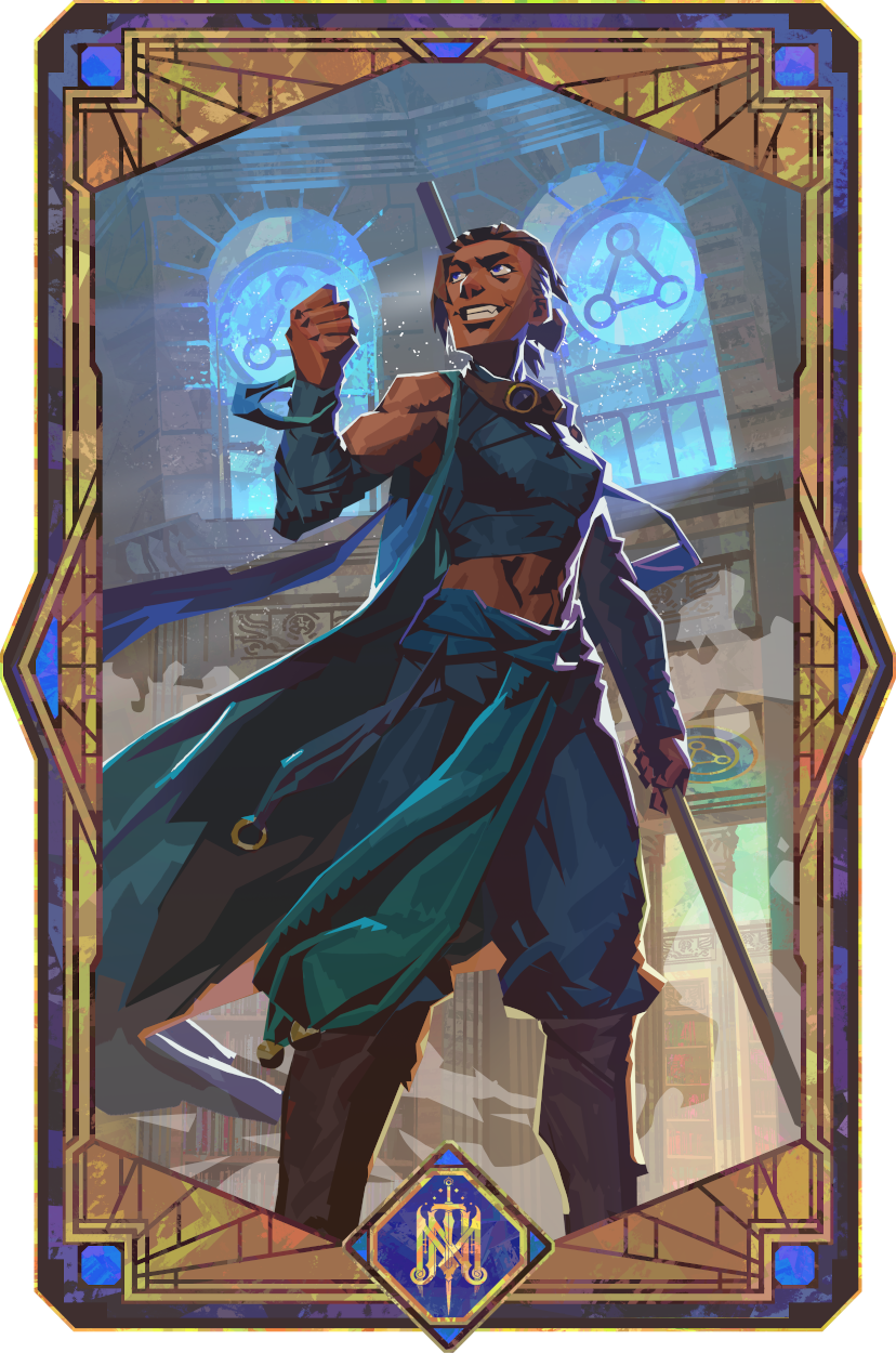 A vertically-oriented portrait of Beau in a lineless geometric style. A leanly-muscular brown-skinned human wearing a tight blue sleeveless crop-top, baggy blue pants tucked into brown boots, a flowing blue sleeveless cape, and blue fabric wraps around her forearms. She stands in a circular high-ceilinged atrium where large windows featuring the emblem of the Cobalt Soul filter blue light into the space. She holds her staff by her side behind her, clenching her right fist in front of her and gazing off heroically into the distance. The symbol of “The Mighty Nein” is at the bottom of the portrait.