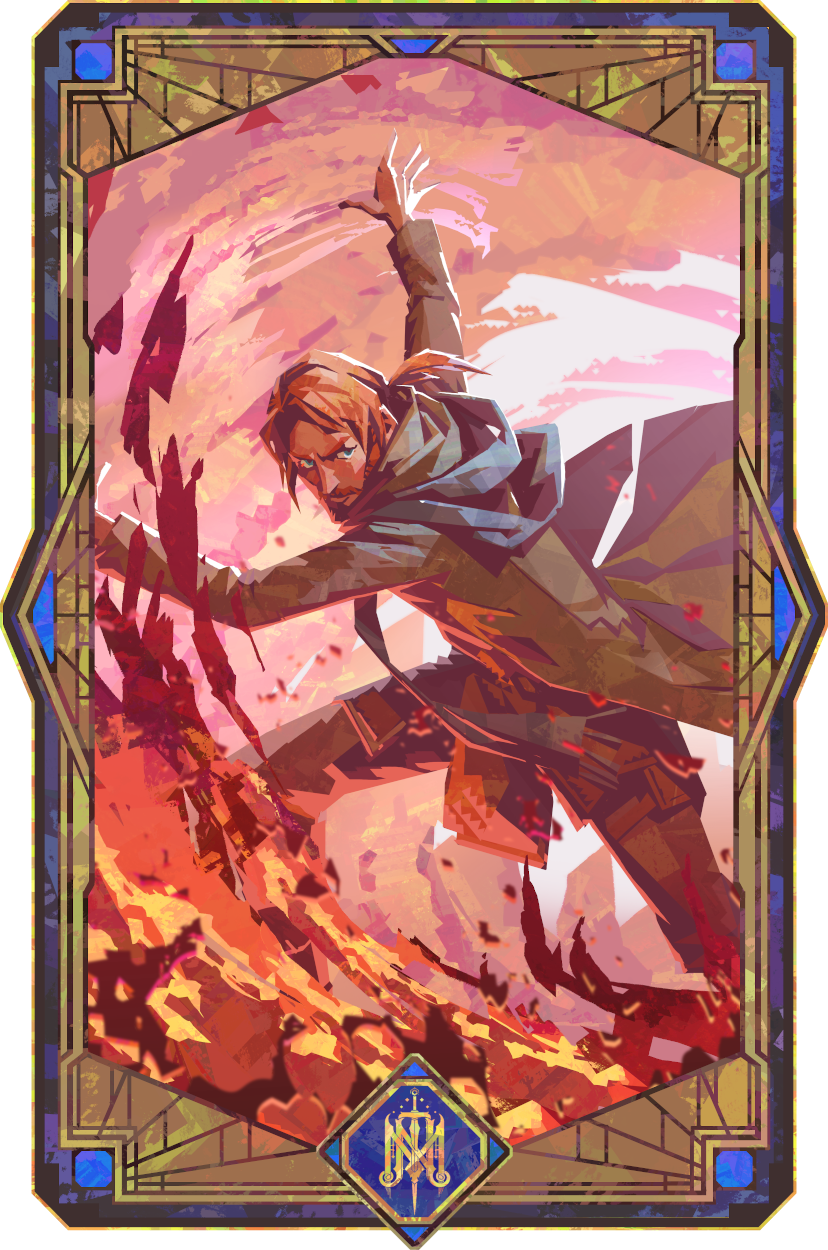 A vertically-oriented portrait of Caleb in a lineless geometric style. A light-skinned, thin, red-haired and -bearded human with a flowing brown coat and blue scarf. He sweeps his arms to the side, unleashing a wave of flame in front of and around him. He looks just off to the side of the viewer, his face a mask of focus. The symbol of “The Mighty Nein” is at the bottom of the portrait.