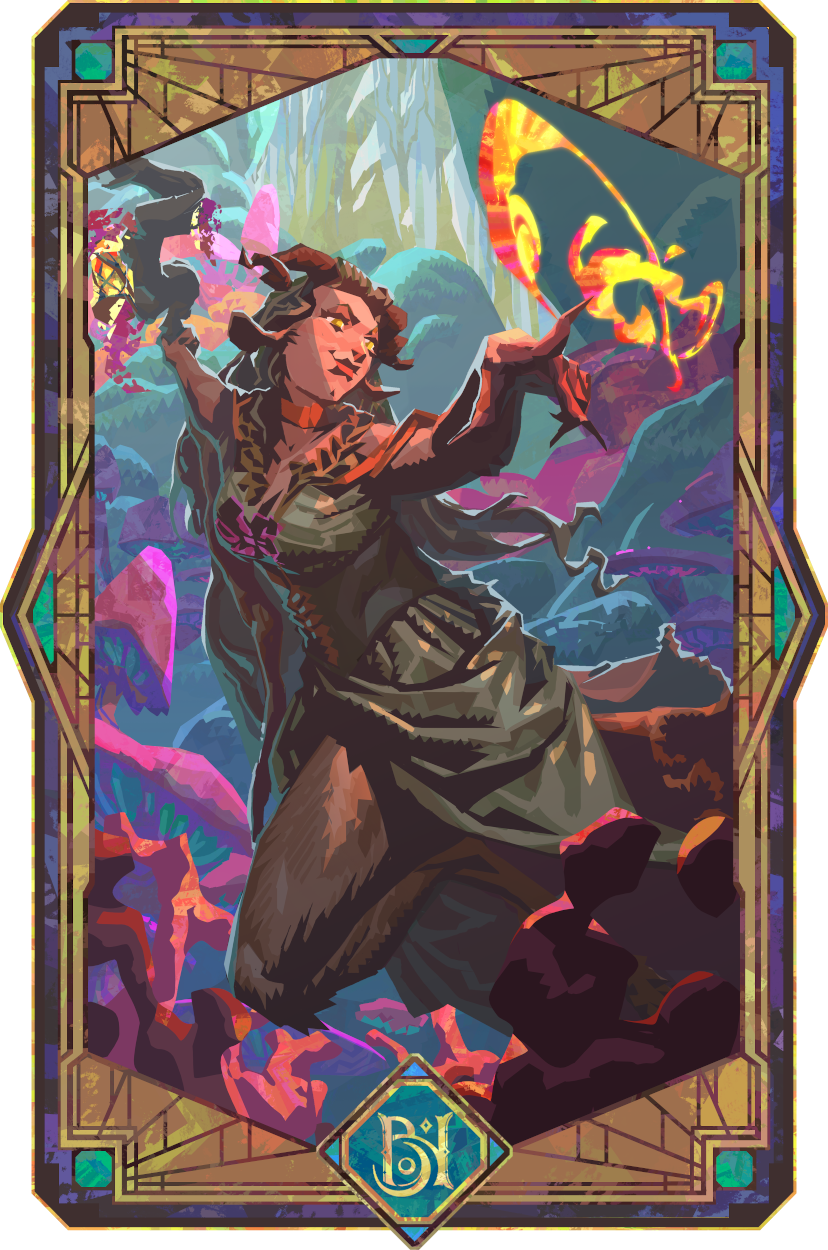 A vertically-oriented portrait of Fearne in a lineless geometric style. A light-skinned faun with curling horns, long green hair, orange choker, and a green corset dress over strong brown-haired goat legs. She leaps through a fey forest filled with large purple mushrooms and lush hills. She gazes at her left arm out in front of her, casting a swirling fire spell from her long-nailed fingers and smiling confidently. The symbol of “Bells Hells” is at the bottom of the portrait.