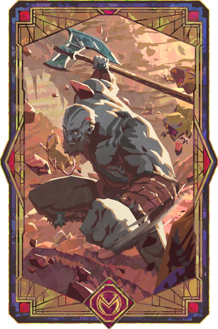 A vertically-oriented portrait of Grog in a lineless geometric style. A muscular, bearded, gray-skinned goliath with dark gray markings on his bald scalp and left shoulder. He smashes through a stone barrier with his fist and massive axe, sending shards of rock and monstrous red-eyed rodent creatures flying. He wears tight black pants and brown leather bracers on his arms. He looks just off to the side of the viewer and smiles. The symbol of “Vox Machina” is at the bottom of the portrait.