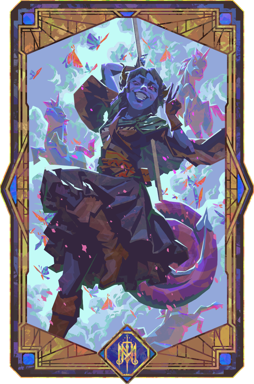 A vertically-oriented portrait of Jester in a lineless geometric style. A blue-skinned tiefling wearing brown heeled boots, brown gloves, and a flowing traveling dress. She leaps in front of a background of clouds, butterflies and unicorns scattering chaotically in the sky behind her. She wields a giant swirly lollipop like a staff, flashes a peace sign, and smiles widely upwards, winking. The symbol of “The Mighty Nein” is at the bottom of the portrait.