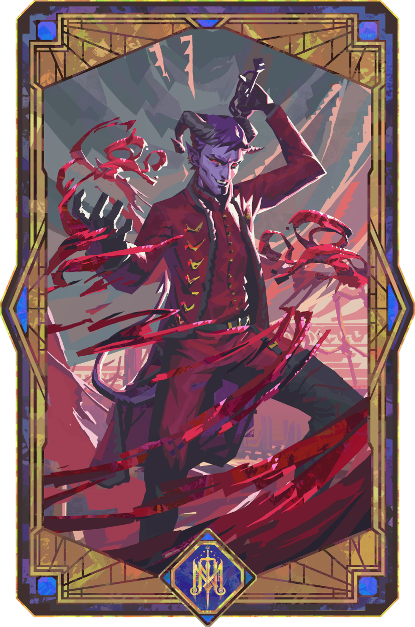 A vertically-oriented portrait of Kingsley in a lineless geometric style. A purple-skinned and -haired tiefling with curling black horns wearing a red jacket, shirt, and pants with gold accents. He stands in a subterranean space in front of a temple-like building. He holds his right hand out in front of him, causing crimson blood to swirl around his body. His left hand clasps a sword behind his head. He smiles, his red eyes looking towards the viewer. The symbol of “The Mighty Nein” is at the bottom of the portrait.