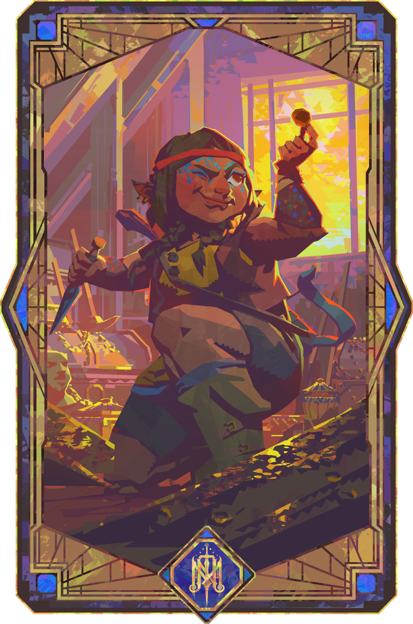 A vertically-oriented portrait of Veth in a lineless geometric style. A brown-skinned halfling wearing a red headband, green boots, blue shorts, and a brown vest over a yellow shirt. She crouches in an attic filled with golden treasure, holding up a single coin and closing one eye to inspect it more closely. Light from a window illuminates the treasure, as well as a dagger in her right hand and blue markings around her eyes. The symbol of “The Mighty Nein” is at the bottom of the portrait.
