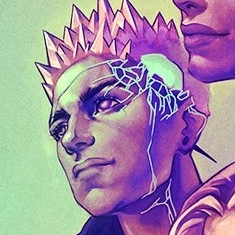 A headshot of Ashton Greymoore taken from a larger picture. An Earth Genasi with green skin and spiky purple crystal hair. A piece of bright crystal is embedded in their left temple, with glowing cracks emanating from it across their face. He looks off into the distance. The image is tinted purple. Jester’s lower jaw is visible at the edge of the image.