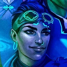 A headshot of Beauregard Lionett taken from a larger picture. A tan-skinned woman with short black hair on top of her head. She wears goggles pushed up to her forehead bearing simple arcane patterns. A hook earring and studs are in her left ear and a ring hangs from her nose. The goggles, earrings, and ring all glow with a greenish light. She looks confidently into the distance. The image is tinted blue.
