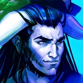 A headshot of Braius Doomseed taken from a larger picture. A minotaur with white skin, long black hair, thin sideburns, and a slight neck beard. Two thick white bovine horns emerge from just beneath his hair. He looks into the distance, a tough expression on his face. The image is tinted blue.