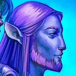 A headshot of Caduceus Clay taken from a larger picture. A firbold with long straight pink hair and a short pink beard. A large left ear emerges from his drapes of hair. He stands in profile, looking directly forward. The image is tinted blue. The tip of Fearne’s nose is just visible at the edge of the image.