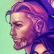 A headshot of Caleb Widogast taken from a larger picture. A white-skinned human with wavy red hair and a short red beard. He looks down contemplatively. The image is tinted purple. The top of Veth’s head is just visible in the corner of the image.