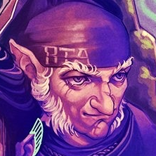A headshot of Chetney Pock O’Pea taken from a larger picture. An elderly white-skinned gnome with bushy white eyebrows and white sideburns. He is wearing a bandana on his head with the text “RTA” on it and stares forward resolutely. The image is tinted purple.