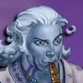 A headshot of Ethel Rivergold. A goliath with light blue skin, white hair, and dark blue lines running up his neck onto his cheek. His face is twisted in effort as he blows into a golden flute. He wears a robe with a decorated fabric collar.