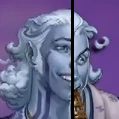 A headshot of Ethel Rivergold split vertically into two halves. The left half of the image is Ethel’s headshot from the Sydney live show, and the right half is from the Melbourne live show. A goliath with light blue skin, white hair, and dark blue lines running up his neck onto his cheek. The left half smiles pleasantly. The right half bears an effortful expression as he blows into a golden flute. He wears a robe with a decorated fabric collar.