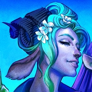 A headshot of Fearne Calloway taken from a larger picture. A light-skinned faun with long, messy, seafoam green hair. Black textured goat-like horns curl out from her head and long deer-like ears droop from the side of her face. Three white flowers are placed in her hair. She poses dramatically, eyes mostly closed and mouth slightly open. The image is tinted blue. The tip of Caduceus’s ear is just visible at the edge of the image.