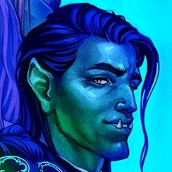 A headshot of Fjord Stone taken from a larger picture. A green-skinned half-orc with long black hair. A strand of hair hangs past his face. Two pointed teeth emerge from his bottom jaw. He looks to the side confidently. The image is tinted blue.