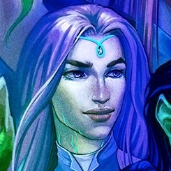 A headshot of Imogen Temult taken from a larger picture. A white-skinned human with long purple hair. A circlet bearing a gem rests on her forehead. Lightning markings stretch up her neck from below her high collar. The circlet and markings glow with a greenish light. She looks forward confidently. The image is tinted blue.