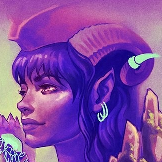 A headshot of Jester Lavorre taken from a larger picture. A blue-skinned tiefling with black textured goat-like horns curling from her purple hair. Two hoop earrings hang from her pointed left ear and her left horn is capped with a metal point. All this jewelry glows with a greenish light. She wears a tri-corner hat and looks into the distance. The image is tinted purple. The top of Ashton’s head is just visible in the corner of the image.