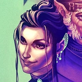 A headshot of Laudna taken from a larger picture. A paper-pale human with black hair run through with white streaks, done up on top of her head. A few long strands of hair hang past her face. Her ears are capped with pointed metal cuffs, and she wears pearl-like earrings and a brooch at her neck. All this jewelry glows with a greenish light. She gives a slight smile. The image is tinted purple. The right side of Chetney’s face is at the edge of the image.