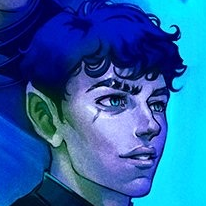 A headshot of Orym of the Air Ashari taken from a larger picture. A white-skinned halfling with a mop of short black hair. A number of scars streak across his left eyebrow and just below his eye. He stares forward, mouth slightly open. The image is tinted blue. Beau’s collar is just visible in the corner of the image.