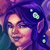A headshot of Veth Brenatto taken from a larger picture. A tan-skinned halfling with braided black hair. Curling patterns surround her eyes, a ring hangs from her nose, and buttons adorn her hair. The patterns, ring, and buttons all glow with a greenish light. The image is tinted purple. Caleb’s chin is just visible in the corner of the image.