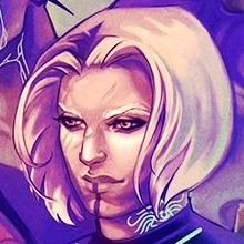 A headshot of Yasha Nydoorin taken from a larger picture. A paper-pale Aasimar with short white hair forming curtains on either side of her face. A black line runs down from her lower lip to her chin. A tattoo bearing a feather-like pattern is on her neck, glowing with a greenish light. Her white eyebrows are furrowed in thought. The image is tinted purple. Ashton’s chin is just visible in the corner of the image.