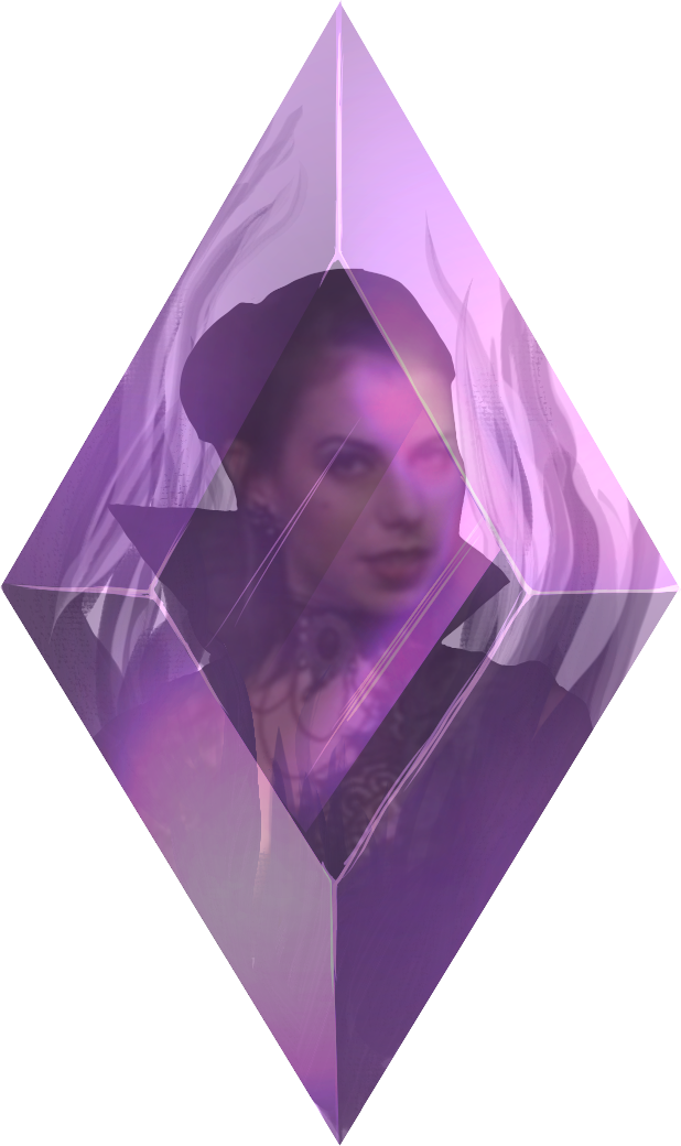 Laura dressed as Delilah staring out from within a four-sided purple crystal. A red gem is visible around her neck above a black lace top. She looks at the camera with her mouth slightly open.