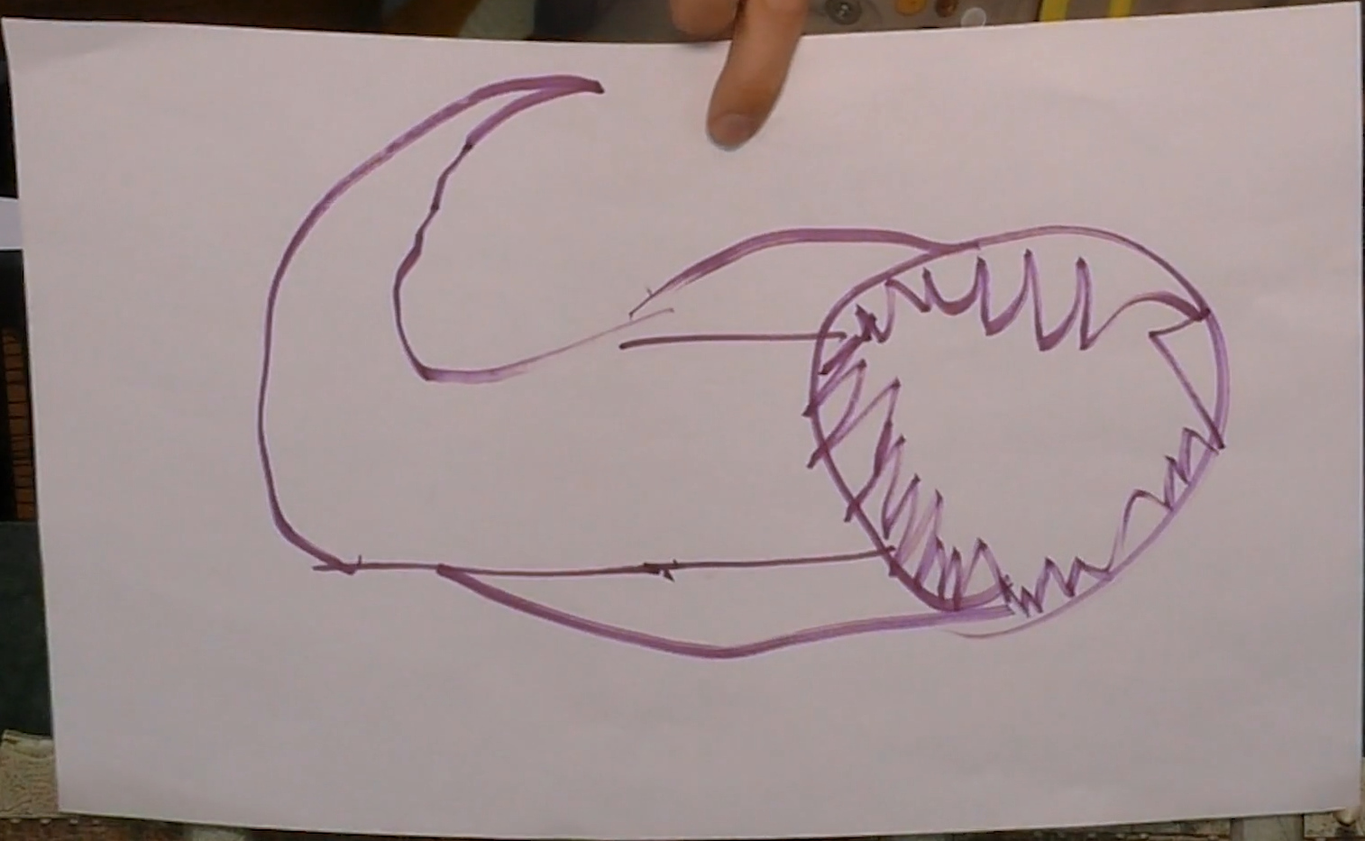 A child’s marker drawing of a purple worm with a pointed tail and a circular mouth lined all the way around with sharp teeth. It lays horizontal, its mouth wide open.