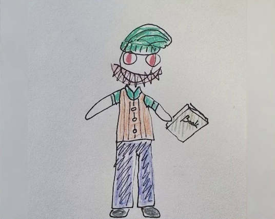 A child’s crayon drawing of a man with a huge smile much wider than his face, bursting with sharp teeth. His large eyes are red. He wears a green knit cap, a brown sweater vest over a green short-sleeve shirt, blue pants, and gray shoes. He carries a closed book labeled “Book” in his left hand.