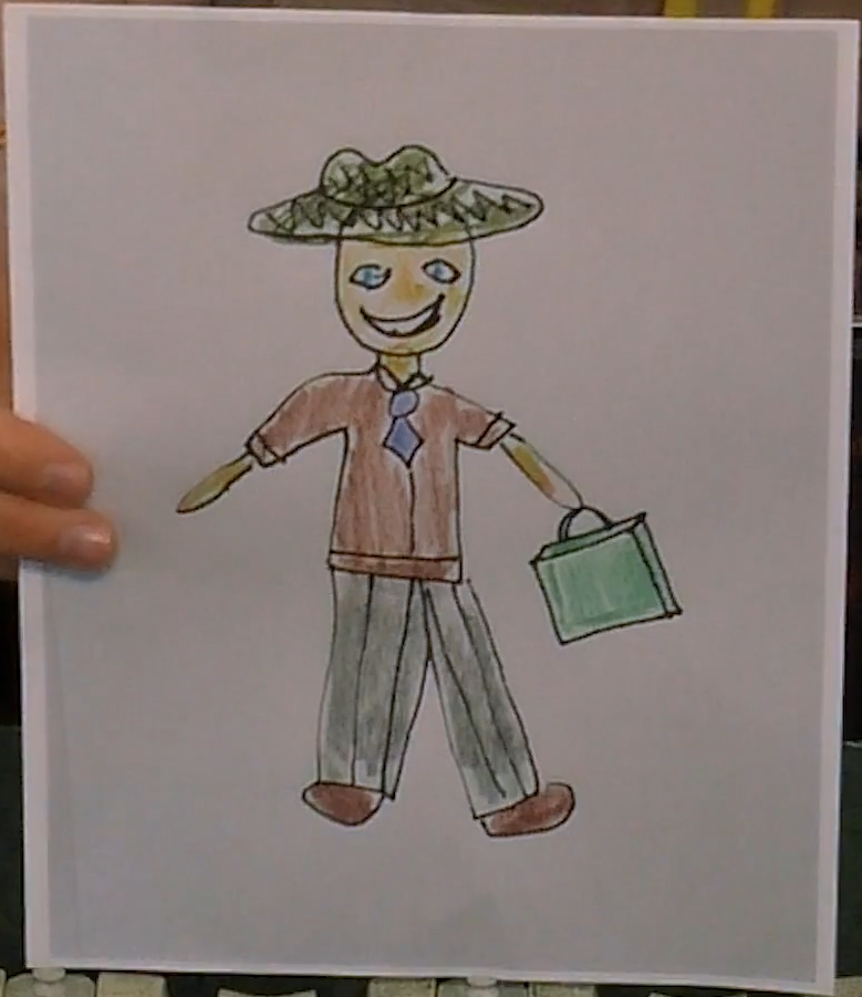 A child’s drawing of a smiling man in a wide green hat and colorful business attire. He wears a red short-sleeve button-up, a short blue necktie, gray pants, and brown shoes. He carries a green briefcase in his left hand. His eyes are blue.