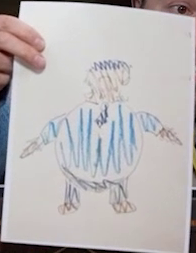 A child’s drawing of a round man with a blue shirt, navy necktie, navy pants, and brown shoes. His hair is dark and very short.