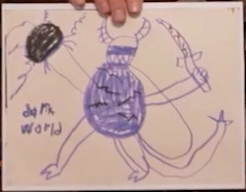 A child’s marker drawing of a purple humanoid horned beast. It holds a sword in its left hand and a radiating dark orb on its right hand. It has sharp teeth, legs ending in clawed feet, and a spiked tail. Next to it is written the text “dark world”.