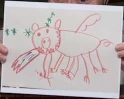 A child’s marker drawing of a giant red pig. It has wings and six legs, three of which seem to be clawed paws and three of which seem to be chicken feet. It breaths fire from a mouth set in a face lined half-way-around with teeth. It extends a massive tongue to traps a stick figure person on the ground. Green sparkles emerge from its eyes.