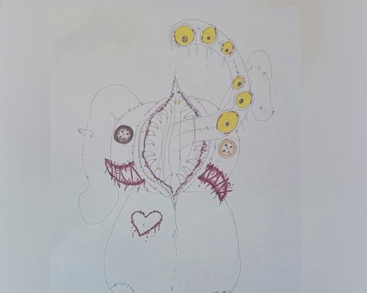 A very detailed child’s drawing of a terrifying monster resembling a stuffed rabbit. A long thin tongue covered in yellow eyes emerges from a vertical mouth on its face lined with sharp teeth. The mouth seems to be opening via a zipper. Behind the mouth is another horizonal mouth, also toothy but closed and dripping with a purple substance. Two button eyes, one brown and one yellow, sit on either end of the vertical mouth. A heart, also oozing with purple, is stitched onto its right chest and a safety pin is stuck in its right ear.