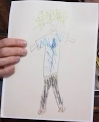 A child’s drawing of a tall, thin man with wild blond hair in a blue T-shirt, black pants, and brown shoes.
