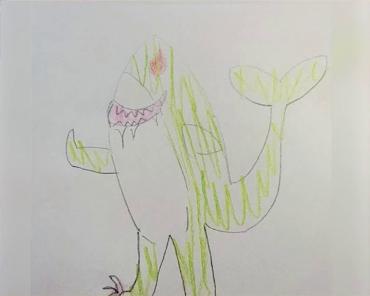 A child’s crayon drawing of a green humanoid shark standing on two legs ending in claws. In place of arms it has fins. A tail ending in a fin emerges from its rear. It gives a big toothy smile that appears to be dripping. Its eyes are red.