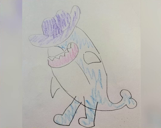 A child’s crayon drawing of a blue humanoid shark standing on two legs. It wears a purple cowboy hat and gives a big toothy smile. In place of arms it has fins. A tail ending in a fin emerges from its rear.