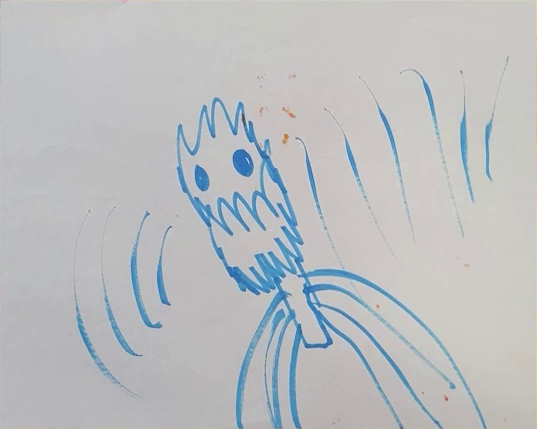 A child’s marker drawing of a blue screaming humanoid creature. Its head is jagged, resembling teeth or the ripples in rough water. Lines indicating sound waves emerge from its face.