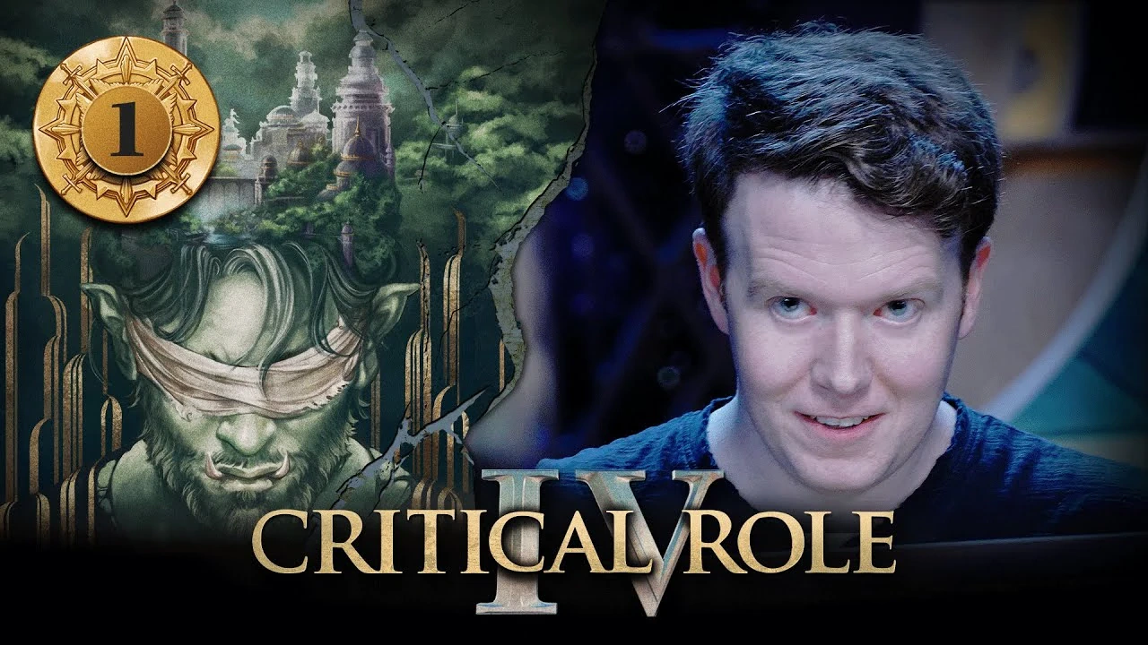 Thumbnail for Critical Role IV episode 1. A split image, with campaign artwork of a blindfolded orc beneath a city skyline on the left and Brennan looking mischevious on the right. The orc has green skin, pointed ears, messy green hair, and a short rugged beard. Two sharp teeth emerge upwards from his bottom jaw. The blindfold is made of ripped linen. Behind him is a golden Art Deco backdrop. Above him is an image of a city set within a lush green forest. Tall white buildings with gold-accented domes rise high above the trees. On the right, Brennan sits at the table, looking just above the camera.