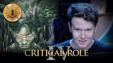 Thumbnail for Critical Role IV episode 1. A split image, with campaign artwork of a blindfolded orc beneath a city skyline on the left and Brennan looking mischevious on the right. The orc has green skin, pointed ears, messy green hair, and a short rugged beard. Two sharp teeth emerge upwards from his bottom jaw. The blindfold is made of ripped linen. Behind him is a golden Art Deco backdrop. Above him is an image of a city set within a lush green forest. Tall white buildings with gold-accented domes rise high above the trees. On the right, Brennan sits at the table, looking just above the camera.