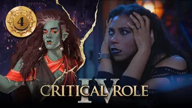 Thumbnail for Critical Role IV episode 4. A split image having the effect of cracked plaster, with character art of Thaisha Lloy on the left and a photo of Aabria on the right. Thaisha is a pale-green-skinned orc with long, voluminous, curly brown hair with a few streaks of white. Two braids frame either side of her face, with white pearls hanging at the bottoms. She wears a red toga-like top over a bright red ornate strip of fabric draping around her neck and shoulders. Red makeup surrounds her eyes, a ring hangs from her nose, and her left eyebrow has a notch. Aabria sits at the table looking worried, her hands clasping either side of her face. She stares forward, mouth slightly agape, a contact in her right eye making it appear milky white. A fake scar crosses the eye from top to bottom.