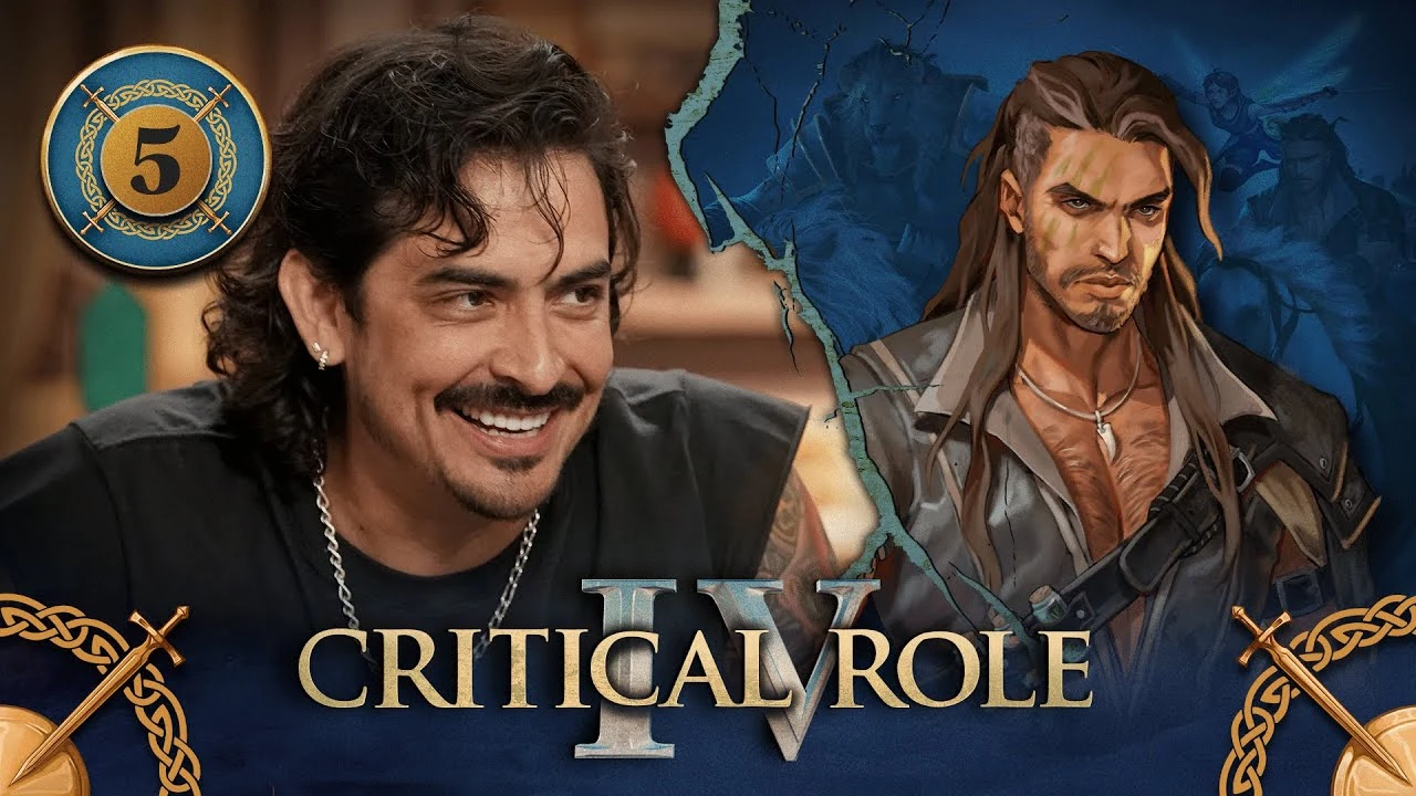 Thumbnail for Critical Role IV episode 5. A split image having the effect of cricked plaster, with a photo of Robbie on the left and character art of Kattigan Vale on the right. Robbie sits at the table, leaning forward slightly and grinning mischievously. He wears a black sleeveless shirt and silver chain necklace. Kattigan is a tan-skinned muscular human with long brown hair reaching his chest and a short beard. Three scars streak down across the right side of his face. He wears a dark gray sleeveless vest open down to his naval. A necklace bearing a curved tooth hangs above his hairy chest. A strap across his body carries three corked potion vials. He looks at the viewer, dark and brooding.