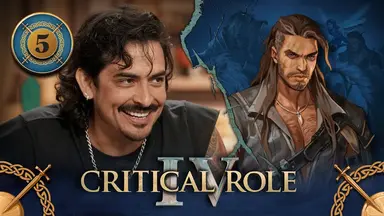 Thumbnail for Critical Role IV episode 5. A split image having the effect of cracked plaster, with a photo of Robbie on the left and character art of Kattigan Vale on the right. Robbie sits at the table, leaning forward slightly and grinning mischievously. He wears a black sleeveless shirt and silver chain necklace. Kattigan is a tan-skinned muscular human with long brown hair reaching his chest and a short beard. Three scars streak down across the right side of his face. He wears a dark gray sleeveless vest open down to his naval. A necklace bearing a curved tooth hangs above his hairy chest. A strap across his body carries three corked potion vials. He looks at the viewer, dark and brooding.