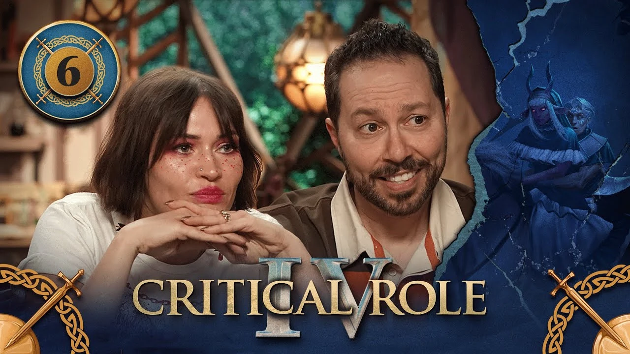 Thumbnail for Critical Role IV episode 6. A split image having the effect of cracked plaster, with a photo of Whitney and Sam on the left and character art of Tyranny and Wicander riding a horse on the right. Whitney and Sam sit at the table, leaning forward intently. Whitney rests her chin on her hands, listening, while Sam raises his eyebrows and smiles nervously. On the right, Wicander rides behind Tyranny on the horse, his arms wrapped around her waist. Tyranny is a demon with glowing red eyes, long white hair and bangs, and horns that twist straight up. She wears a dress with white ruffly edges and a coif covering her head. Wicander is a human with white hair and a thick white metal collar draping across his shoulders and upper chest. A circlet is on his forehead and white lines resembling sun rays are below his left eye.
