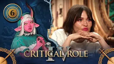 Thumbnail for Critical Role IV episode 6. A split image having the effect of cracked plaster, with character art of Tyranny on the left and a photo of Whitney on the right. Tyranny is a bubblegum-pink-skinned demon with white hair and bangs, goat ears protruding to the sides of her head, and horns sticking straight up. The horns twist slightly, shifting from pink to black as they go up. She wears a teal dress with white ruffly edges and a coif covering her head. The dress has an image of the sun on the right shoulder and the phases of the moon across the chest. A piercing resembling a silver arrow runs through her right ear. She clasps her hands together in prayer, black fingertips visible, and looks into the distance with her yellow eyes. Whitney sits at the table, leaning forward intently. She rests her chin on her hands, listening. Red dots of makeup like freckles are scattered beneath her eyes, which are also ringed with red makeup.