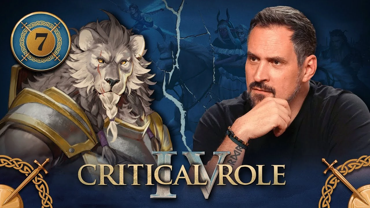 Thumbnail for Critical Role IV episode 7. A split image having the effect of cracked plaster, with character art of Teor on the left and a photo of Travis on the right. Teor is a muscular lionfolk with gray and white fur. His mane is braided like a beard, held together with purple ties. A red scar runs down past his right yellow eye and mouth. He wears gold-trimmed plate armor over his chest. He stares sternly directly at the viewer. On the right, Travis looks forward attentively, his hand lightly resting on his chin. He wears a black T-shirt and a beaded bracelet.