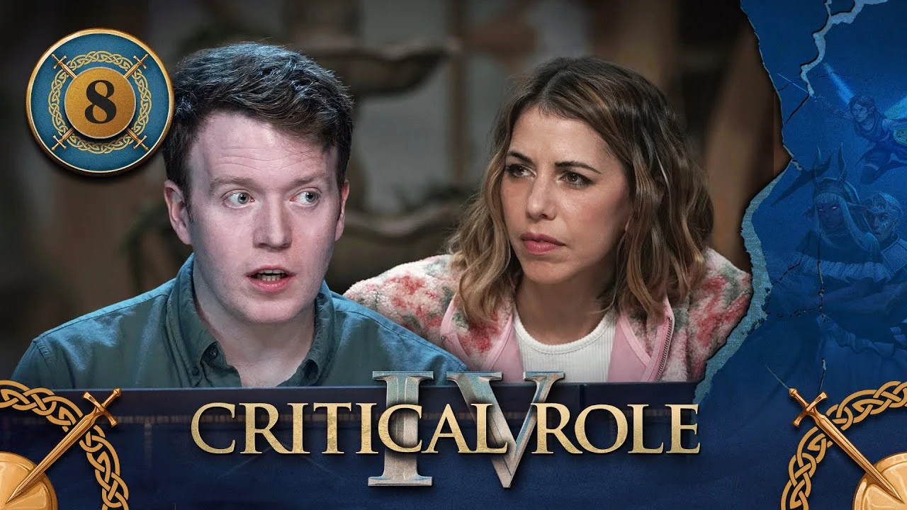 Thumbnail for Critical Role IV episode 8. A split image having the effect of cracked plaster, with a photo of Brennan and Laura on the left and art of Tyranny and Wicander riding a horse under a flying Thimble on the right. On the left, Brennan speaks, a look of worry in his eyes. Laura looks at him, her eyes narrowed in grim focus. On the right, Wicander rides behind Tyranny on a horse, his arms around her waist. Tyranny’s face is set in focus, her eyes glowing red. Wicander looks frightened, tattoos resembling sun rays glowing on his face. Thimble flies above them, her swords drawn as if she just swung them.