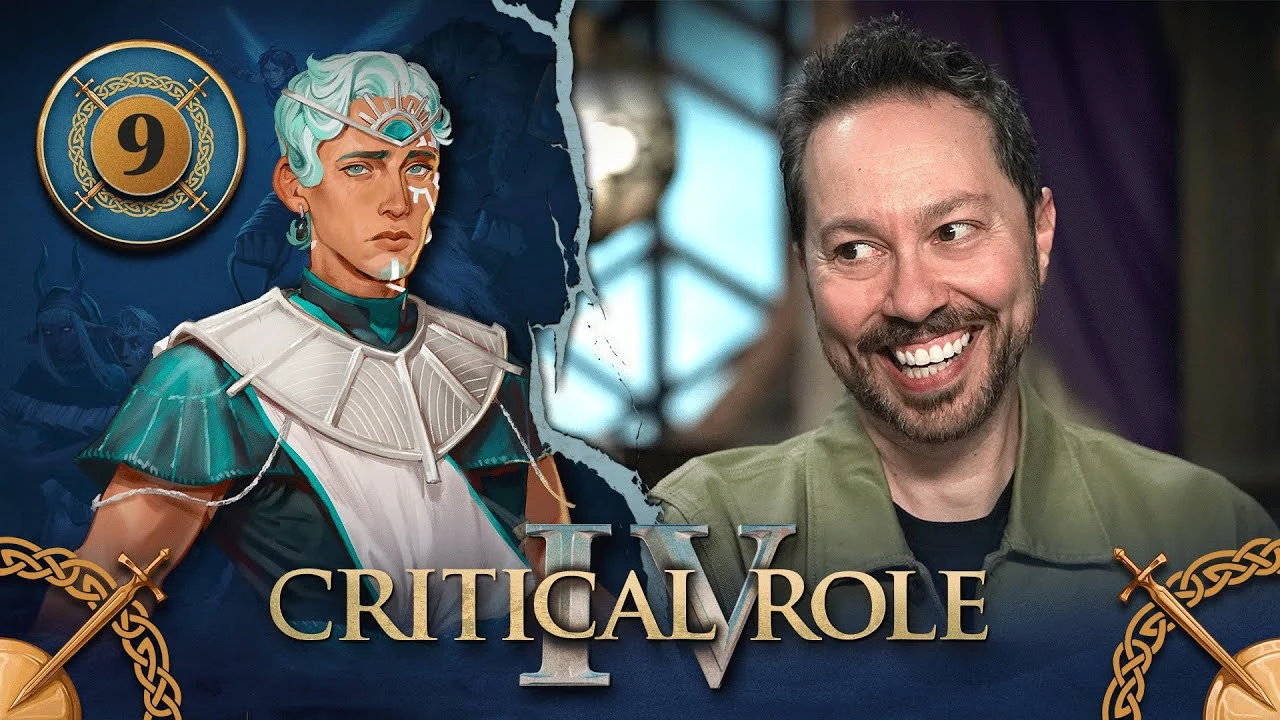 Thumbnail for Critical Role IV episode 9. A split image having the effect of cracked plaster, with character art of Wicander on the left and a photo of Sam on the right. Wicander is a white-skinned human with short light teal hair, almost white. He wears ornate aristocratic garb, a teal tunic with a wide white sash and a thick white metal collar draping across his shoulders and upper chest. A circlet sits on his forehead, bearing a turquoise gem with silver sun rays emanating from it. There are white lines under his left eye and a silver cap on his chin. He looks at the viewer sadly. On the right, Sam gives a toothy grin, eyes wide and almost crazed. He looks off to the side mischievously.