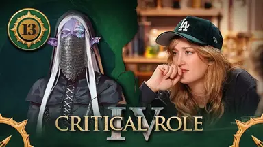 Thumbnail for Critical Role IV episode 13. A split image having the effect of cracked plaster, with a photo of Ashley on the right and character art of Vaelus on the left. Ashley leans forward at the table, her hand loosely balled in thought on her mouth. She wears a green LA Dodgers ballcap and a black long-sleeve shirt. Vaelus is a purple-skinned elf with a hood and long straight white hair reaching past her chest. She wears a chainmail veil covering the lower half of her face and a black leather shirt laced up to her neck. Her purple skin has patterns of oranges, pinks, greens, and blues on the left side of her face. She stares forward, eyes narrowed.